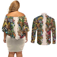 Hawaii And Japan Couples Matching Off Shoulder Short Dress and Long Sleeve Button Shirt Tiki With Oni Mask - Wonder Print Shop