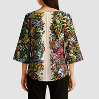 Hawaii And Japan Kimono Sleeve Blouse Tiki With Oni Mask - Wonder Print Shop
