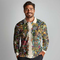 Hawaii And Japan Long Sleeve Polo Shirt Tiki With Oni Mask - Wonder Print Shop