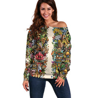 Hawaii And Japan Off Shoulder Sweater Tiki With Oni Mask - Wonder Print Shop