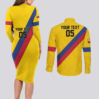 Custom Colombia Football Couples Matching Long Sleeve Bodycon Dress and Long Sleeve Button Shirt Vamos La Tricolor Retro Style