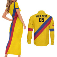 Custom Colombia Football Couples Matching Short Sleeve Bodycon Dress and Long Sleeve Button Shirt Vamos La Tricolor Retro Style