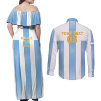 Custom Argentina Football Couples Matching Off Shoulder Maxi Dress and Long Sleeve Button Shirt Albiceleste Unique Style