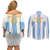 Custom Argentina Football Couples Matching Off Shoulder Short Dress and Long Sleeve Button Shirt Albiceleste Unique Style