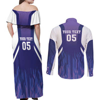 Custom Argentina 2025 Football Couples Matching Off Shoulder Maxi Dress and Long Sleeve Button Shirt Purple Version