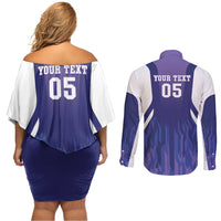 Custom Argentina 2025 Football Couples Matching Off Shoulder Short Dress and Long Sleeve Button Shirt Purple Version