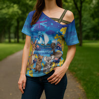 Happy Australia Flag Day Cross Shoulder Shirt Aussie Animals Grunge Style