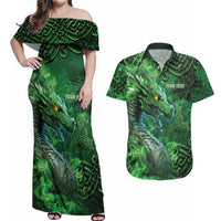 Personalized Ireland Celtic Couples Matching Off Shoulder Maxi Dress and Hawaiian Shirt Irish Roots Dragon Soul - Wonder Print Shop