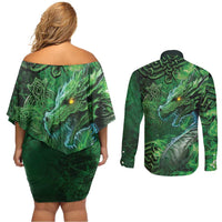 Personalized Ireland Celtic Couples Matching Off Shoulder Short Dress and Long Sleeve Button Shirt Irish Roots Dragon Soul - Wonder Print Shop