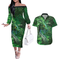 Personalized Ireland Celtic Couples Matching Off The Shoulder Long Sleeve Dress and Hawaiian Shirt Irish Roots Dragon Soul - Wonder Print Shop