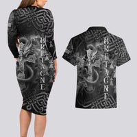 Brittany Celtic Cross Couples Matching Long Sleeve Bodycon Dress and Hawaiian Shirt Fantasy Celtic Dragon - Wonder Print Shop