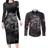Brittany Celtic Cross Couples Matching Long Sleeve Bodycon Dress and Long Sleeve Button Shirt Fantasy Celtic Dragon - Wonder Print Shop