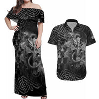 Brittany Celtic Cross Couples Matching Off Shoulder Maxi Dress and Hawaiian Shirt Fantasy Celtic Dragon - Wonder Print Shop