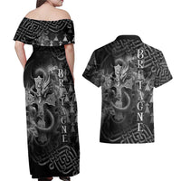 Brittany Celtic Cross Couples Matching Off Shoulder Maxi Dress and Hawaiian Shirt Fantasy Celtic Dragon - Wonder Print Shop