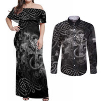 Brittany Celtic Cross Couples Matching Off Shoulder Maxi Dress and Long Sleeve Button Shirt Fantasy Celtic Dragon - Wonder Print Shop
