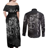 Brittany Celtic Cross Couples Matching Off Shoulder Maxi Dress and Long Sleeve Button Shirt Fantasy Celtic Dragon - Wonder Print Shop
