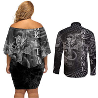 Brittany Celtic Cross Couples Matching Off Shoulder Short Dress and Long Sleeve Button Shirt Fantasy Celtic Dragon - Wonder Print Shop