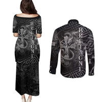 Brittany Celtic Cross Couples Matching Puletasi and Long Sleeve Button Shirt Fantasy Celtic Dragon - Wonder Print Shop