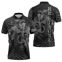 Brittany Celtic Cross Zipper Polo Shirt Fantasy Celtic Dragon - Wonder Print Shop