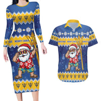 Barbados Christmas Couples Matching Long Sleeve Bodycon Dress and Hawaiian Shirt Trident Dabbing Santa - Wonder Print Shop