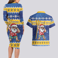 Barbados Christmas Couples Matching Long Sleeve Bodycon Dress and Hawaiian Shirt Trident Dabbing Santa - Wonder Print Shop