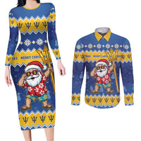 Barbados Christmas Couples Matching Long Sleeve Bodycon Dress and Long Sleeve Button Shirt Trident Dabbing Santa - Wonder Print Shop