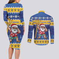 Barbados Christmas Couples Matching Long Sleeve Bodycon Dress and Long Sleeve Button Shirt Trident Dabbing Santa - Wonder Print Shop