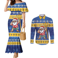 Barbados Christmas Couples Matching Mermaid Dress and Long Sleeve Button Shirt Trident Dabbing Santa - Wonder Print Shop