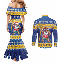 Barbados Christmas Couples Matching Mermaid Dress and Long Sleeve Button Shirt Trident Dabbing Santa - Wonder Print Shop