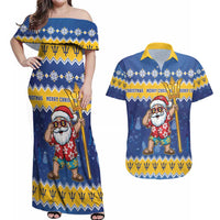 Barbados Christmas Couples Matching Off Shoulder Maxi Dress and Hawaiian Shirt Trident Dabbing Santa - Wonder Print Shop