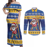 Barbados Christmas Couples Matching Off Shoulder Maxi Dress and Long Sleeve Button Shirt Trident Dabbing Santa - Wonder Print Shop
