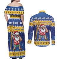 Barbados Christmas Couples Matching Off Shoulder Maxi Dress and Long Sleeve Button Shirt Trident Dabbing Santa - Wonder Print Shop