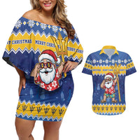 Barbados Christmas Couples Matching Off Shoulder Short Dress and Hawaiian Shirt Trident Dabbing Santa - Wonder Print Shop