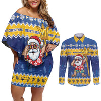 Barbados Christmas Couples Matching Off Shoulder Short Dress and Long Sleeve Button Shirt Trident Dabbing Santa - Wonder Print Shop