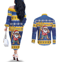 Barbados Christmas Couples Matching Off The Shoulder Long Sleeve Dress and Long Sleeve Button Shirt Trident Dabbing Santa - Wonder Print Shop