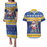 Barbados Christmas Couples Matching Puletasi and Hawaiian Shirt Trident Dabbing Santa - Wonder Print Shop
