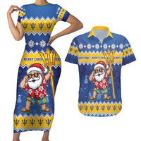 Barbados Christmas Couples Matching Short Sleeve Bodycon Dress and Hawaiian Shirt Trident Dabbing Santa - Wonder Print Shop