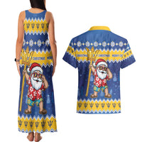 Barbados Christmas Couples Matching Tank Maxi Dress and Hawaiian Shirt Trident Dabbing Santa - Wonder Print Shop