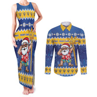 Barbados Christmas Couples Matching Tank Maxi Dress and Long Sleeve Button Shirt Trident Dabbing Santa - Wonder Print Shop