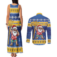 Barbados Christmas Couples Matching Tank Maxi Dress and Long Sleeve Button Shirt Trident Dabbing Santa - Wonder Print Shop