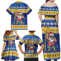 Barbados Christmas Family Matching Off Shoulder Maxi Dress and Hawaiian Shirt Trident Dabbing Santa - Wonder Print Shop