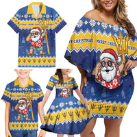 Barbados Christmas Family Matching Off Shoulder Short Dress and Hawaiian Shirt Trident Dabbing Santa - Wonder Print Shop