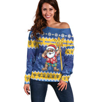Barbados Christmas Off Shoulder Sweater Trident Dabbing Santa - Wonder Print Shop