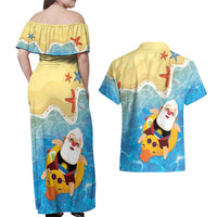 Antigua and Barbuda Christmas Couples Matching Off Shoulder Maxi Dress and Hawaiian Shirt Chilling Santa - Wonder Print Shop