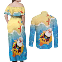 Antigua and Barbuda Christmas Couples Matching Off Shoulder Maxi Dress and Long Sleeve Button Shirt Chilling Santa - Wonder Print Shop