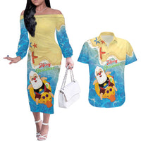 Antigua and Barbuda Christmas Couples Matching Off The Shoulder Long Sleeve Dress and Hawaiian Shirt Chilling Santa - Wonder Print Shop