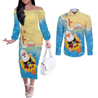 Antigua and Barbuda Christmas Couples Matching Off The Shoulder Long Sleeve Dress and Long Sleeve Button Shirt Chilling Santa - Wonder Print Shop