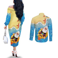 Antigua and Barbuda Christmas Couples Matching Off The Shoulder Long Sleeve Dress and Long Sleeve Button Shirt Chilling Santa - Wonder Print Shop