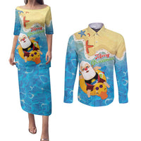 Antigua and Barbuda Christmas Couples Matching Puletasi and Long Sleeve Button Shirt Chilling Santa - Wonder Print Shop
