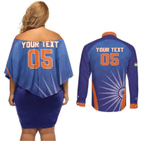 Custom India Cricket Couples Matching Off Shoulder Short Dress and Long Sleeve Button Shirt Go Champions Men In Blue LT05 - Wonder Print Shop